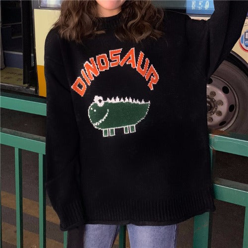 Cartoon Letter Sweater, Jacquard Dinosaur Sweater